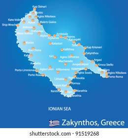 Island of Zakynthos in Greece map on blue background