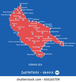 island of zakynthos in greece red map illustration in colorful