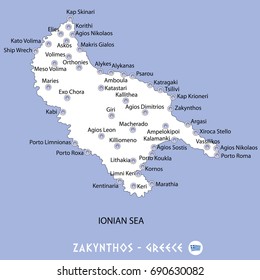 island of zakynthos in greece white map and blue background illustration in colorful