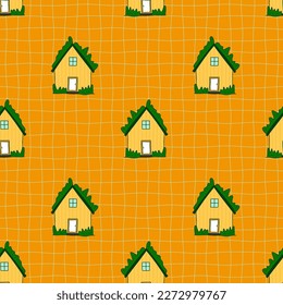 Islandia cute rustic houses simple seamless pattern. Bright green yellow nordic house with grass roof on grid backgroud. Little cozy houses childish scandinavian print. Vector illustration.