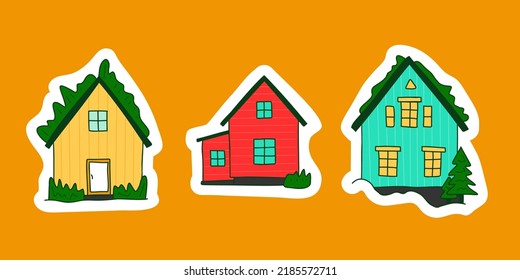 Islandia cute rustic houses stickers set. Bright red blue yellow nordic house with grass roof. Typical norway rural buildings. Northern facades made of sandwich panels. Vector illustration for card