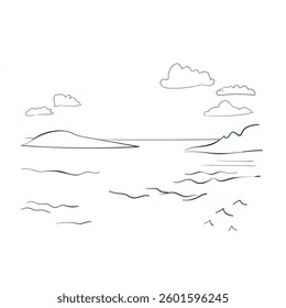 islands clouds waves sea ocean landscape simple vector art line 