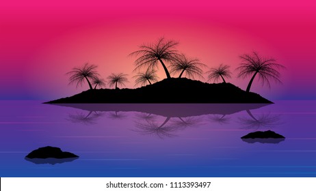 islands with coconut tree in the sea;sunset with islands background;vector design in concept beautiful place in dreaming