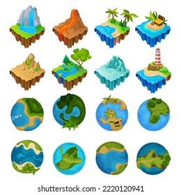 Islands For Computer Game With Desert, Forest, Tropical Beach With Treasure Chest, Ice, Volcano And Globe Earth Sphere Big Vector Set