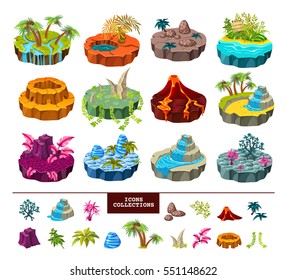 Islands of computer game isometric set with  trees and rivers, volcano landscape, waterfall and icons collection. Isolated vector illustration