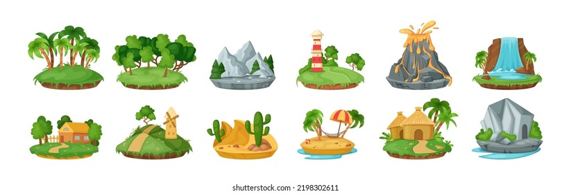 Islands with different beautiful natural landscapes set. Green islands with palm and deciduous trees, bungalow on shore, rocks, blue waterfall. Game interface, summer holidays design cartoon vector