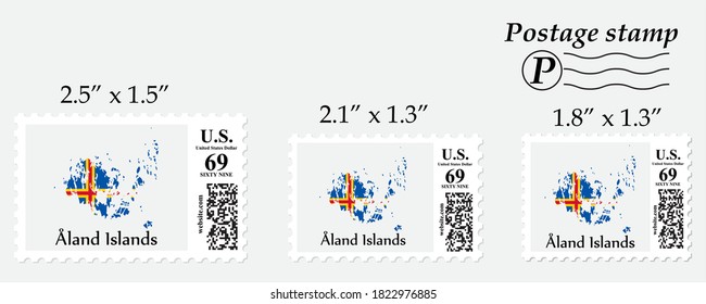 Mapa de la bandera de las Islas Åland en el sello postal de diferente tamaño.