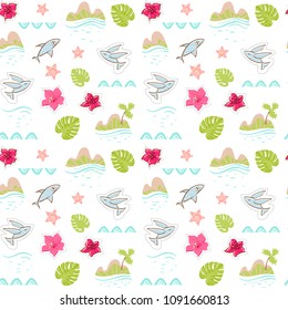 islands, flying fish, flowers, starfish