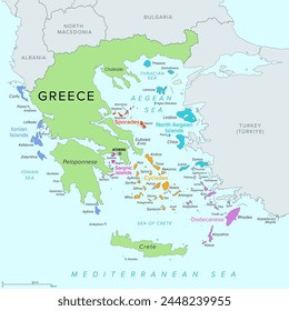 Islands of Greece, political map. Greek islands groups and clusters. The Cyclades, Dodecanese, Sporades, North Aegean and Saronic Islands lying in the Aegean Sea, the Ionian Islands in the Ionian Sea. svg