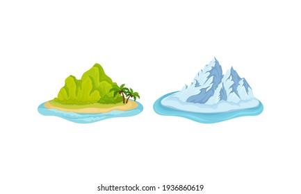 Islands with Green Hill and Iceberg Surrounded by Water Vector Set