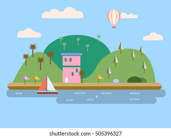 Islands, green hills, blue skies, water, trees, balloons, boat sails, home white cloud Modern flat design background design element vector