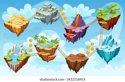 Mapa de nivel de islas. Juego de aventuras escenario, premio de carretera fantasía isla niveles volando plataforma de tierra puente en el cielo, juegos de arcade naturaleza mundo ui diseño vectorial ilustración de aventura gui caricatura