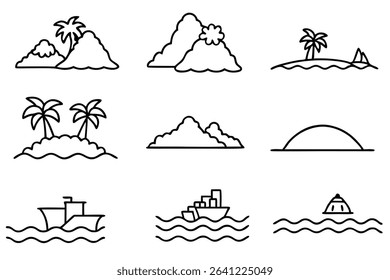 Islands Line Art Detailed Drawing for Coastal Landscape Illustration