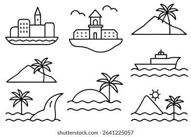 Islands Line Art Detailed Drawing for Coastal Landscape Illustration