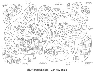 Islands map. Forest and city on the island. Editable outline sketch. Vector line illustration.