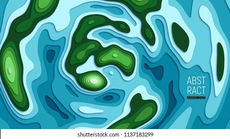 Islands and ocean abstract background. Paper cut vector Illustration.