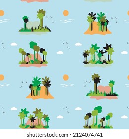 Islands with palm trees, birds, clouds, and sun in pastel colors on a blue background. Vector illustration. Seamless pattern.