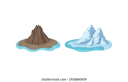 Islands with Rock Massif and Iceberg Surrounded by Water Vector Set
