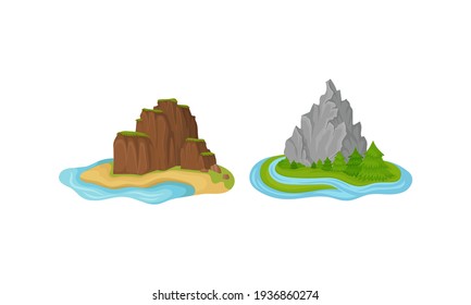 Islands with Rock Massif Surrounded by Water Vector Set