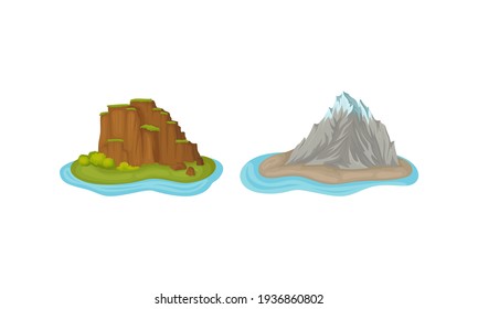 Islands with Rock Massif Surrounded by Water Vector Set