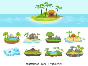Islands set. Isometric tropical, arctic, island with green palm trees and grove, reeds, volcano, covered with ice with needle, stone buildings, waterfall and bungalows on shore. Vector graphics.