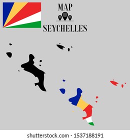 Islands Seychelles outline world map silhouette vector illustration, creative design background, national country flag, objects, element, symbols from countries all continents set.