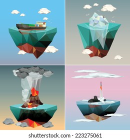 Islands in the sky. Sea ecology and nature. Set of Illustrations.