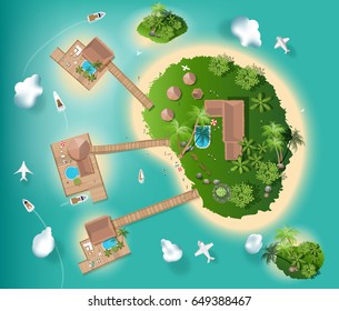 islands top view for interior design, travel, with tree top , resort, vector illustration
