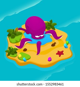 islands with treasure with angry octopus. Vector background for game interface. Uninhabited island with gemstones.