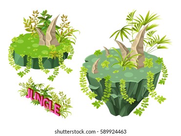 Islands with trees and bushes. Set for video game-type isometric tropical rainforest scene.