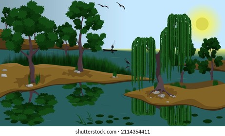 Islands With Trees And Plants In A Pond (River, Lake, Pond), The Sun Is Shining, Birds Are Flying And A Fisherman Is Fishing