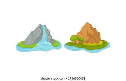 Islands with Waterfall and Rock Massif Surrounded by Water Vector Set