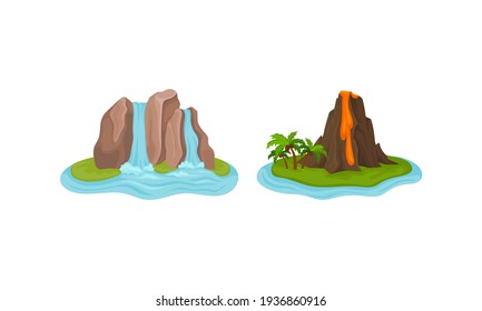 Islas con cascada y volcán rodeadas de vectores de agua