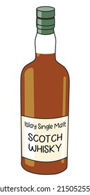 Islay Single Malt Scotch Whisky In A Bottle. Doodle Cartoon Hipster Style Vector Illustration Isolated On White Background. Good For Party Card, Posters, Bar Menu Or Alcohol Cook Book Recipe