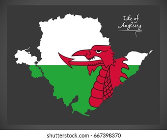 Isle of Anglesey Wales map with Welsh national flag illustration