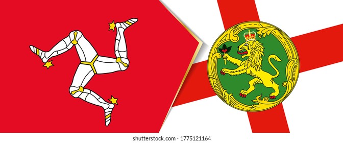 Isle of Man and Alderney flags, two vector flags symbol of relationship or confrontation.