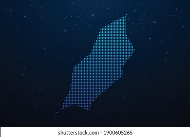Mapa con puntos de la Isla de Man de estilo futurista, contorno brillante hecho de puntos de líneas de estrellas. Comunicación, concepto de tecnologías de internet sobre fondo del espacio azul oscuro. Ilustración vectorial.