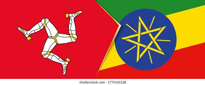 Isle of Man and Ethiopia flags, two vector flags symbol of relationship or confrontation.