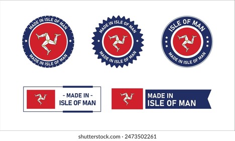 Bandera de la Isla de Man, Made in Isla de Man. Etiqueta, Sello, Estampilla, Bandera, Icono Vector