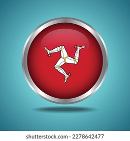 The Isle of Man flag. Round glossy. Silver frame. Isolated on color gradient background