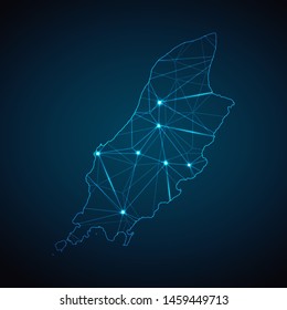 Isle of Man Map - Abstract geometric mesh polygonal network line, structure and point scales on dark background with lights in the form of cities. Vector illustration eps 10.