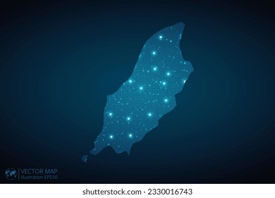 Isle of Man map radial dotted pattern in futuristic style, design blue circle glowing outline made of stars. concept of communication on dark blue background. Vector EPS10