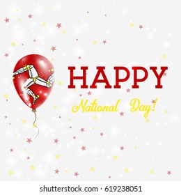 Isle of Man National Day patriotic poster. Flying Rubber Balloon in Colors of the Manx Flag. Isle of Man National Day background with Balloon, Confetti, Stars, Bokeh and Sparkles.