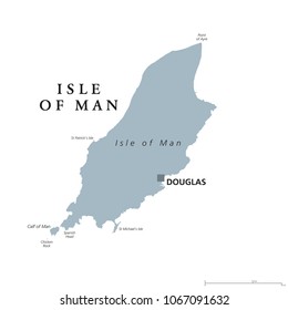 Isle of Man political map with capital Douglas. Also known as Mann, a self governing Crown dependency in the Irish Sea and a tax haven. English labeling. Gray illustration on white background. Vector.