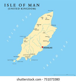 Isle of Man political map with capital Douglas and important cities. Also known as Mann, a self governing Crown dependency in the Irish Sea and a tax haven. English labeling. Illustration. Vector.