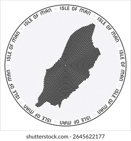 Isle of Man round logo design. Country shape built of rings. Isle of Man text around the country. Vector Illustration.
