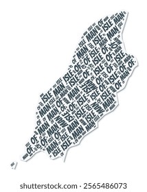 Isle of Man shape text cloud. Country border with shadow on white background. Isle of Man with regions division in vintage gazette style. Amazing vector illustration.