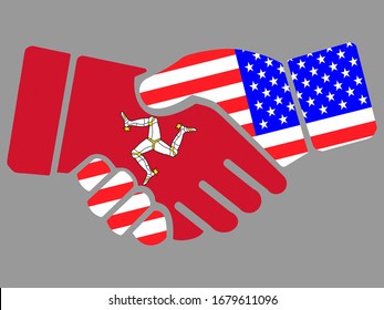 Banderas de la Isla de Man y los Estados Unidos de América Vecindario de apretón de manos