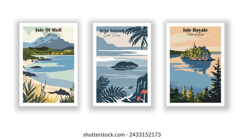 Isla De Mull, Escocia. Isla Royale, Parque Nacional. Isla Jeju, Corea del Sur - Set de 3 Carteles de Viajes Vintage. Ilustración vectorial. Impresiones de alta calidad