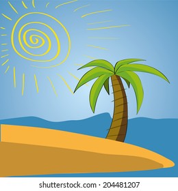an isle with a palm tree and the sun in the sky